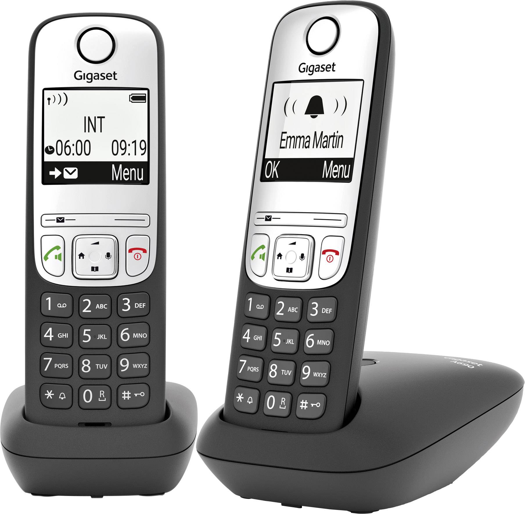 Twee draadloze telefoons met schermen waarop een oproep van 'Emma Martin' wordt weergegeven. De telefoons hebben een zwart toetsenbord en staan op laadstations.