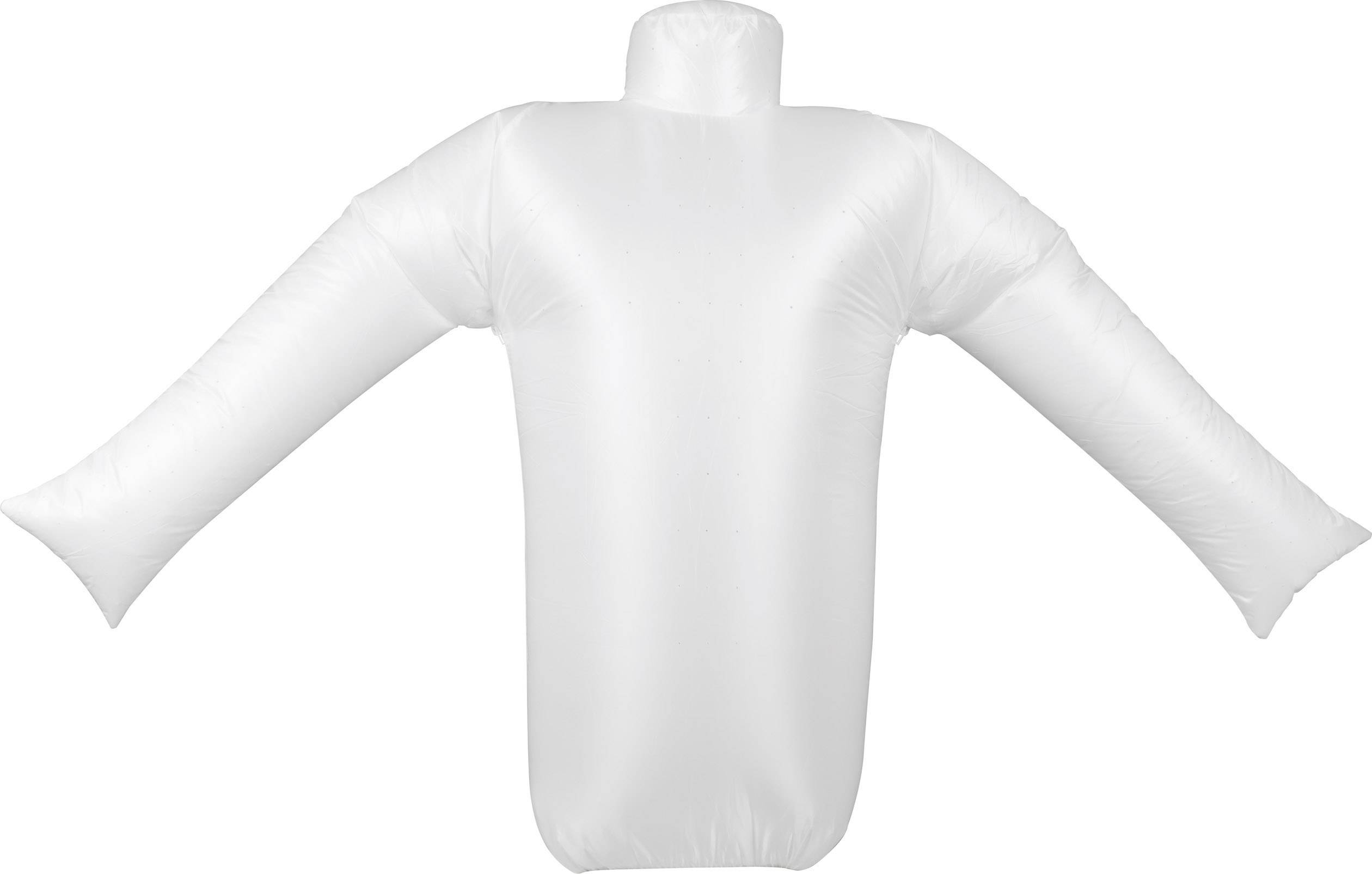 Een witte, opblaasbare etalagepop met uitgestrekte armen, gebruikt voor het presenteren van kleding op beurzen of in etalages.