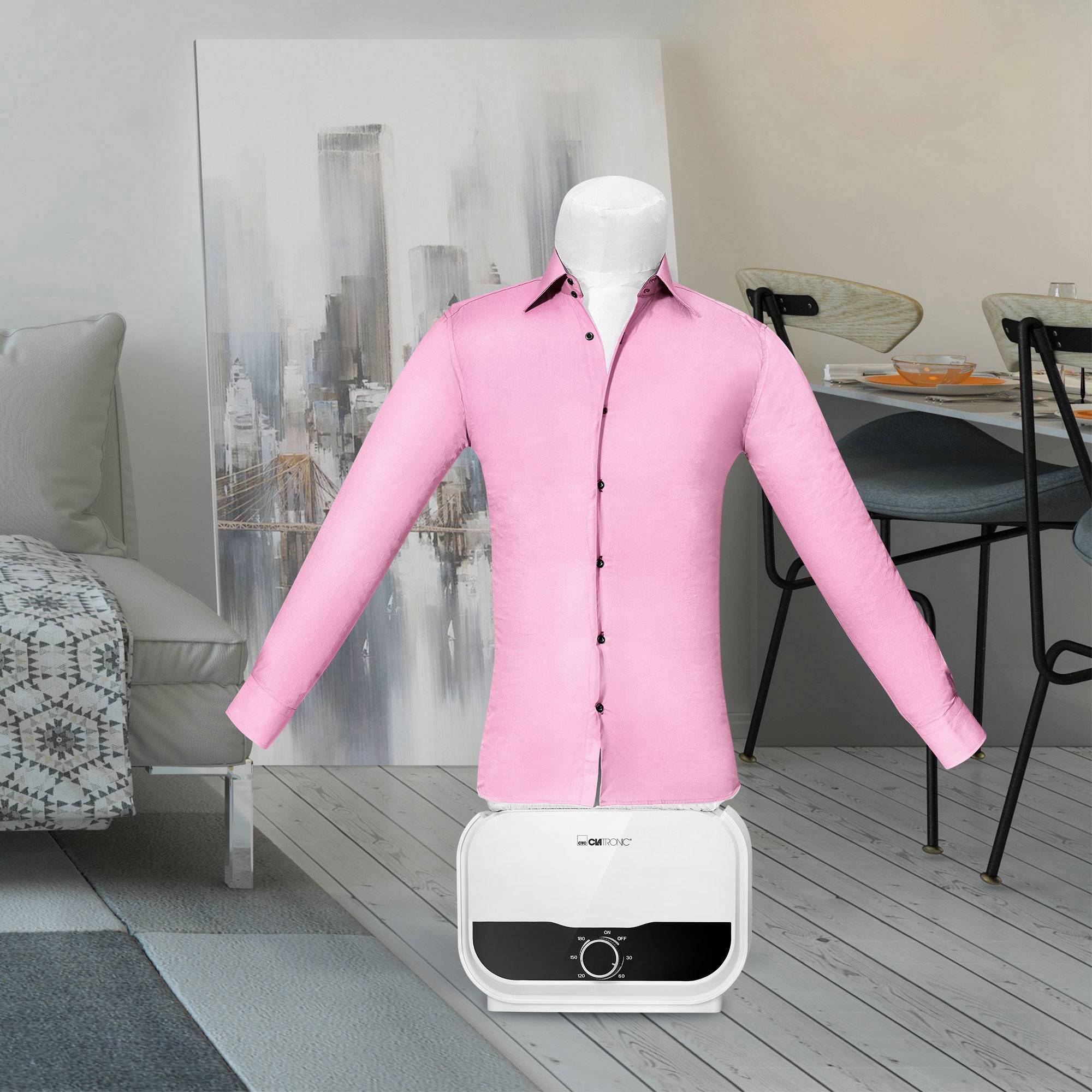 Een roze shirt op een mannequin zonder hoofd en armen; op de achtergrond een modern woonkamer met een schilderij en meubels.