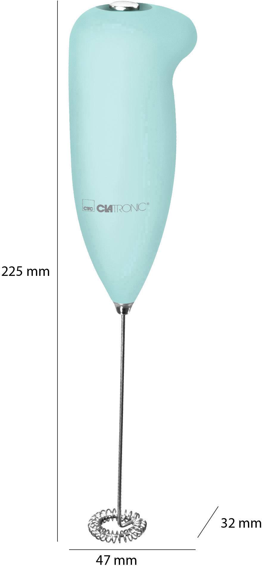 Een blauwe melkopschuimer van het merk Clatronic met spiraalopzetstuk. Afmetingen: 225 mm hoog, 47 mm breed, 32 mm diep.