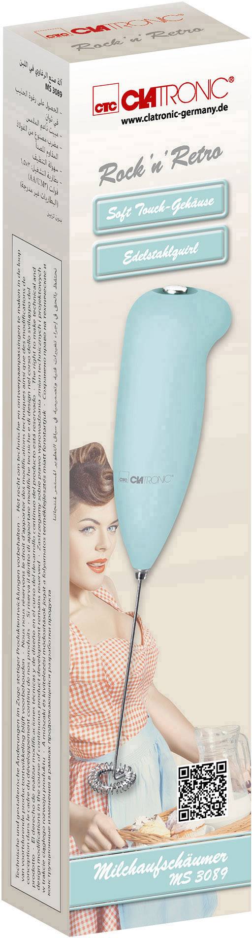 Verpakking van een elektrische melkopschuimer in turquoise. Opschrift 'Rock n' Retro'. Bevat een afbeelding van een vrouw in retro-stijl.