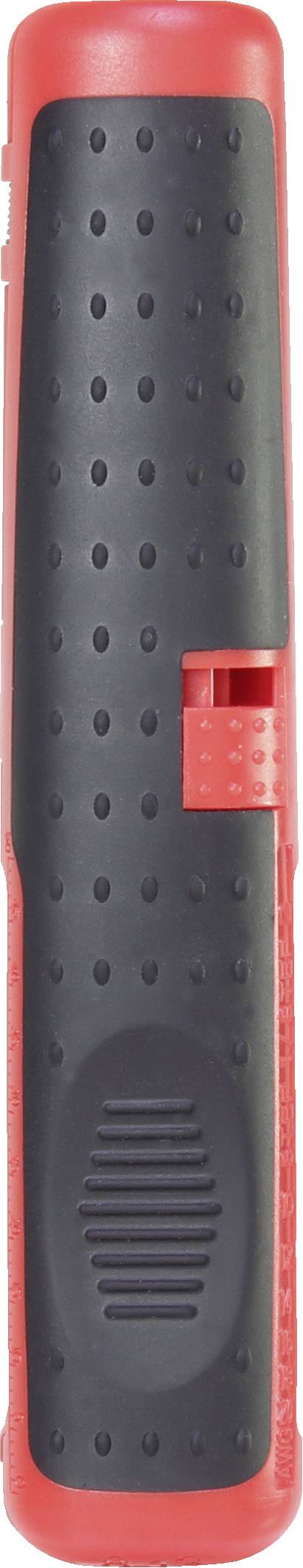 Een rode en zwarte fietsstuurgreep met een gestructureerd oppervlak voor betere grip en een verstelbaar mechanisme aan de zijkant.