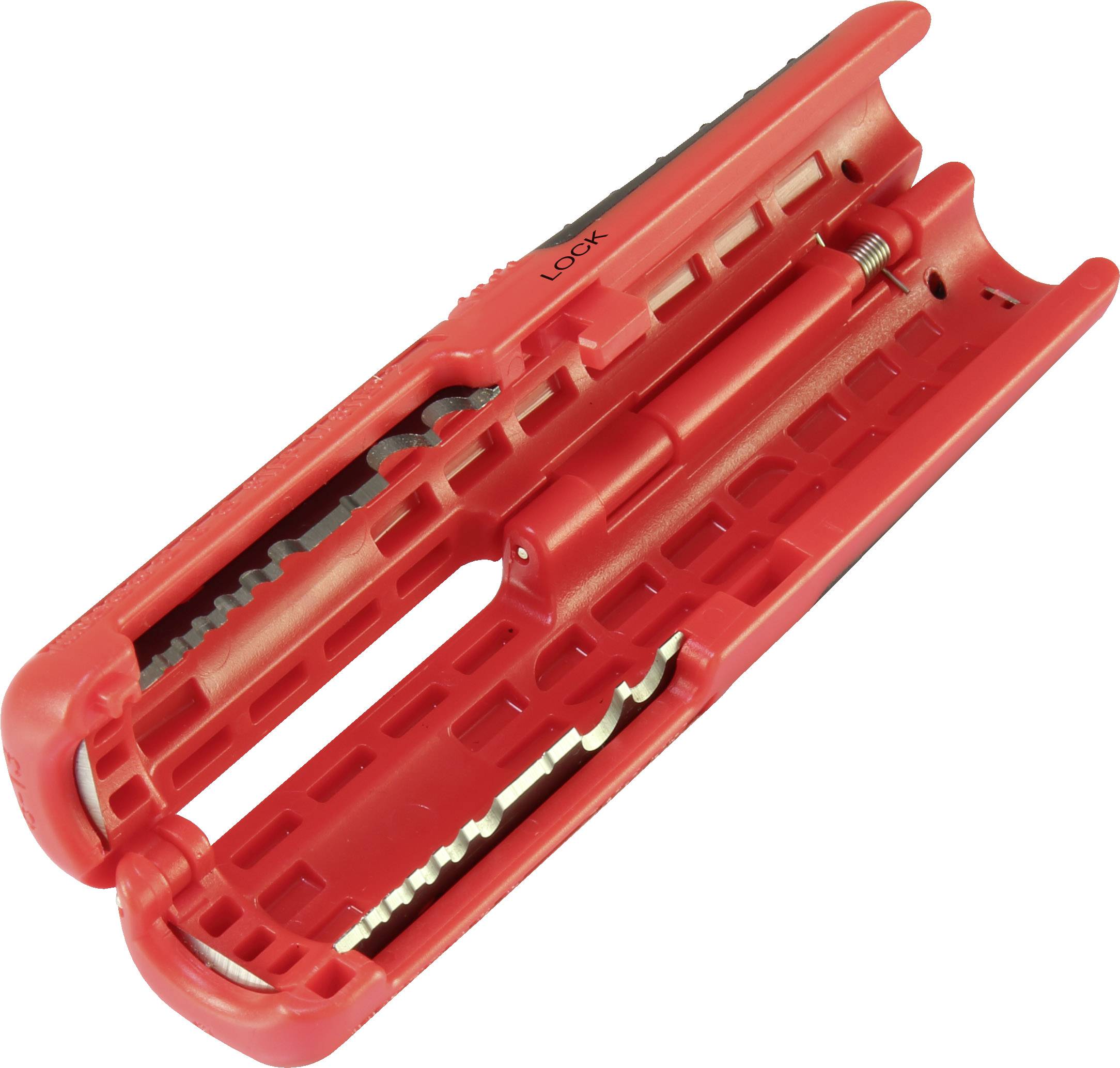Rood snijgereedschap met veiligheidsslot, geopend, toont de messen en het mechanisme voor draadbewerking.