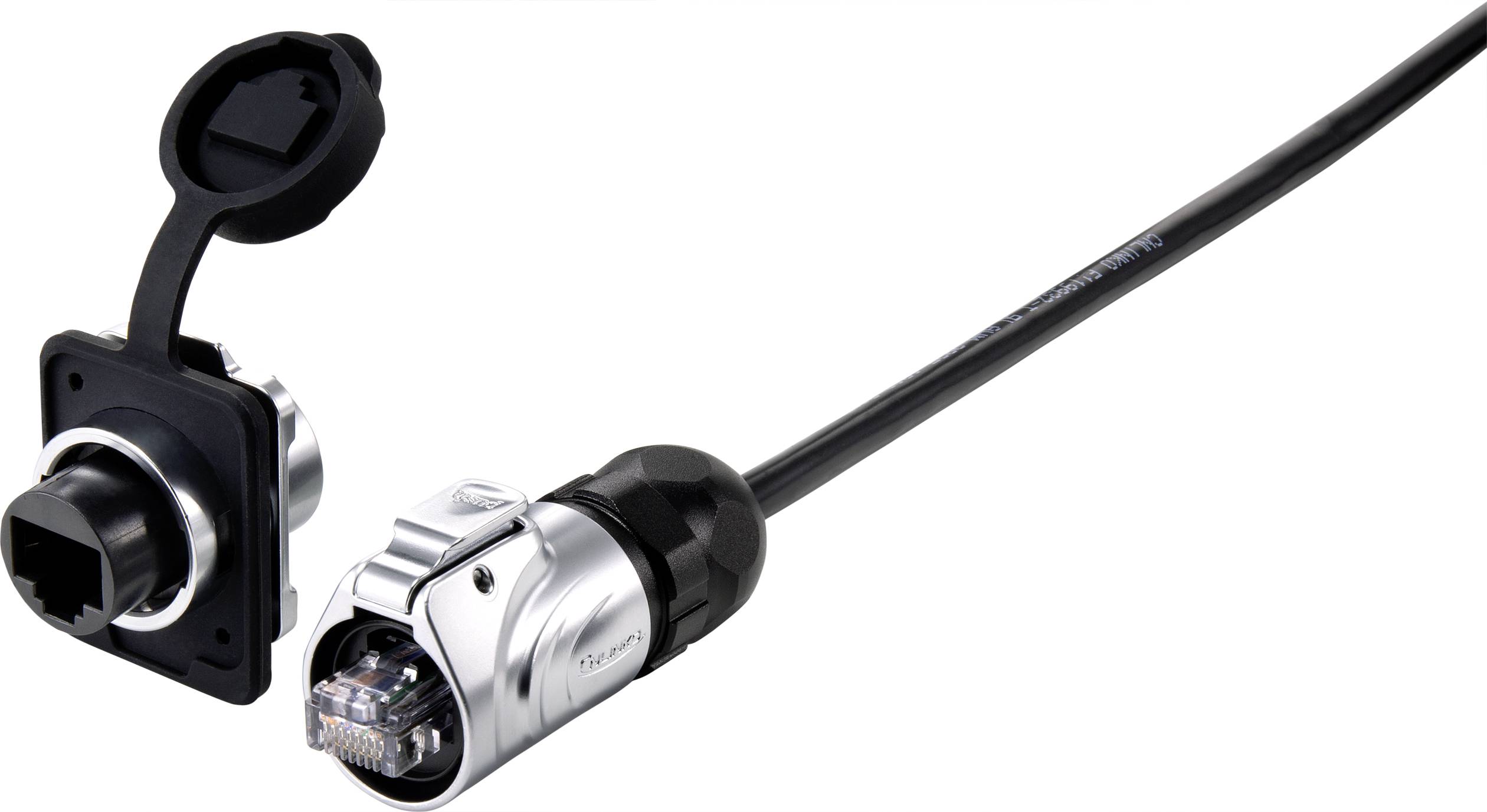 'Robuuste industriële Ethernet-stekker met beschermdop. Geschikt voor ruige omgevingen, toont stekker en bus verbonden via kabel.'