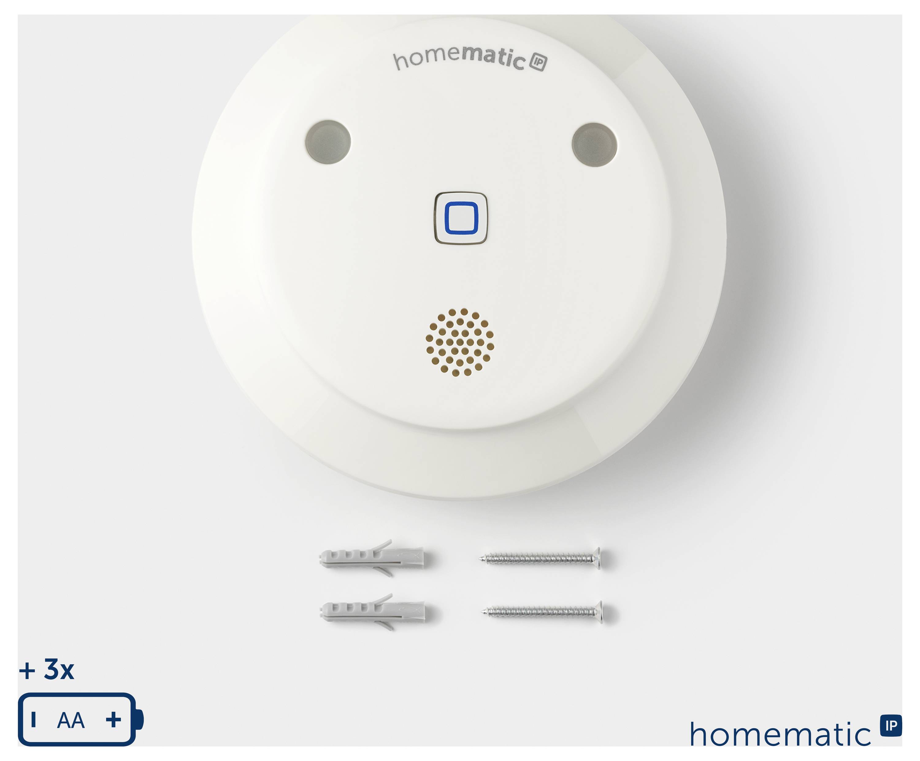 HomeMatic merken wit rond wandapparaat met centrale knop en indicatorgatjes, hierboven weergegeven met bijgeleverde montageschroeven en wandankers.