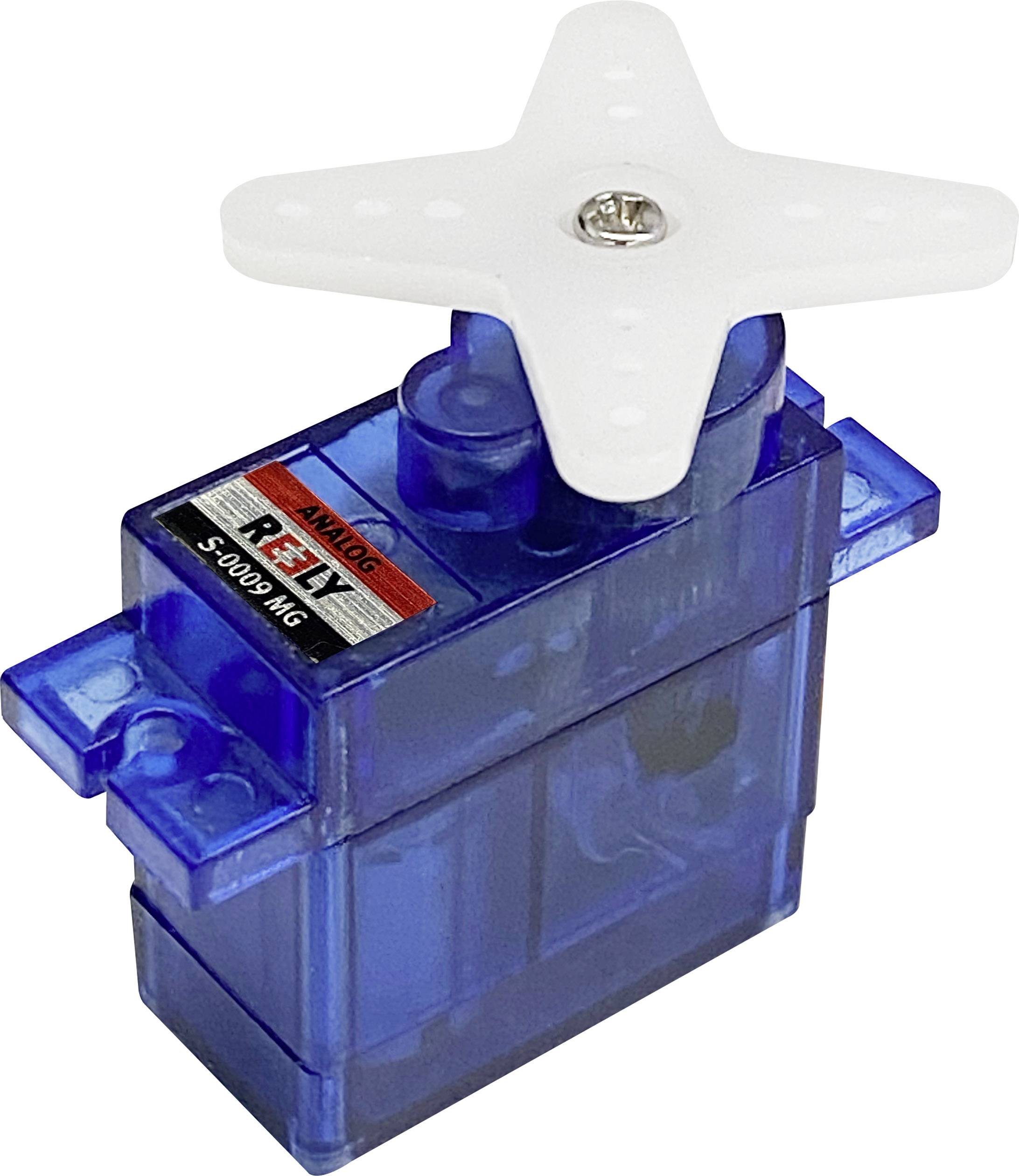 Een blauwe analoge servomotor met een witte kruisarmbevestiging.