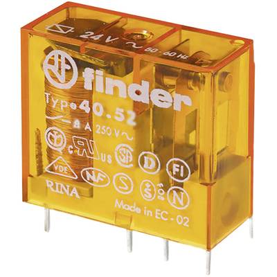 Een oranje relais van het merk 'Finder', type 40.52, met een nominale spanning van 24 V en een schakelcapaciteit van 250 V.