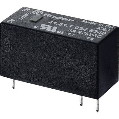 Een zwart elektronisch relais met het opschrift 'finder 41.81'. Het heeft vier metalen pinnen en toont merk- en spanningsinformatie.