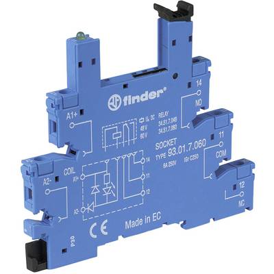 Blauw stuurrelais van het merk Finder, type 93.01.7.060, voor DIN-railmontage. Geschikt voor 6A en 250V toepassingen.