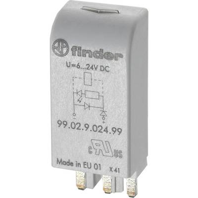 Relaismodule met zilveren behuizing, opschrift 'U=6...24V DC' en schakeschema. Merklogo 'Finder' bovenaan.