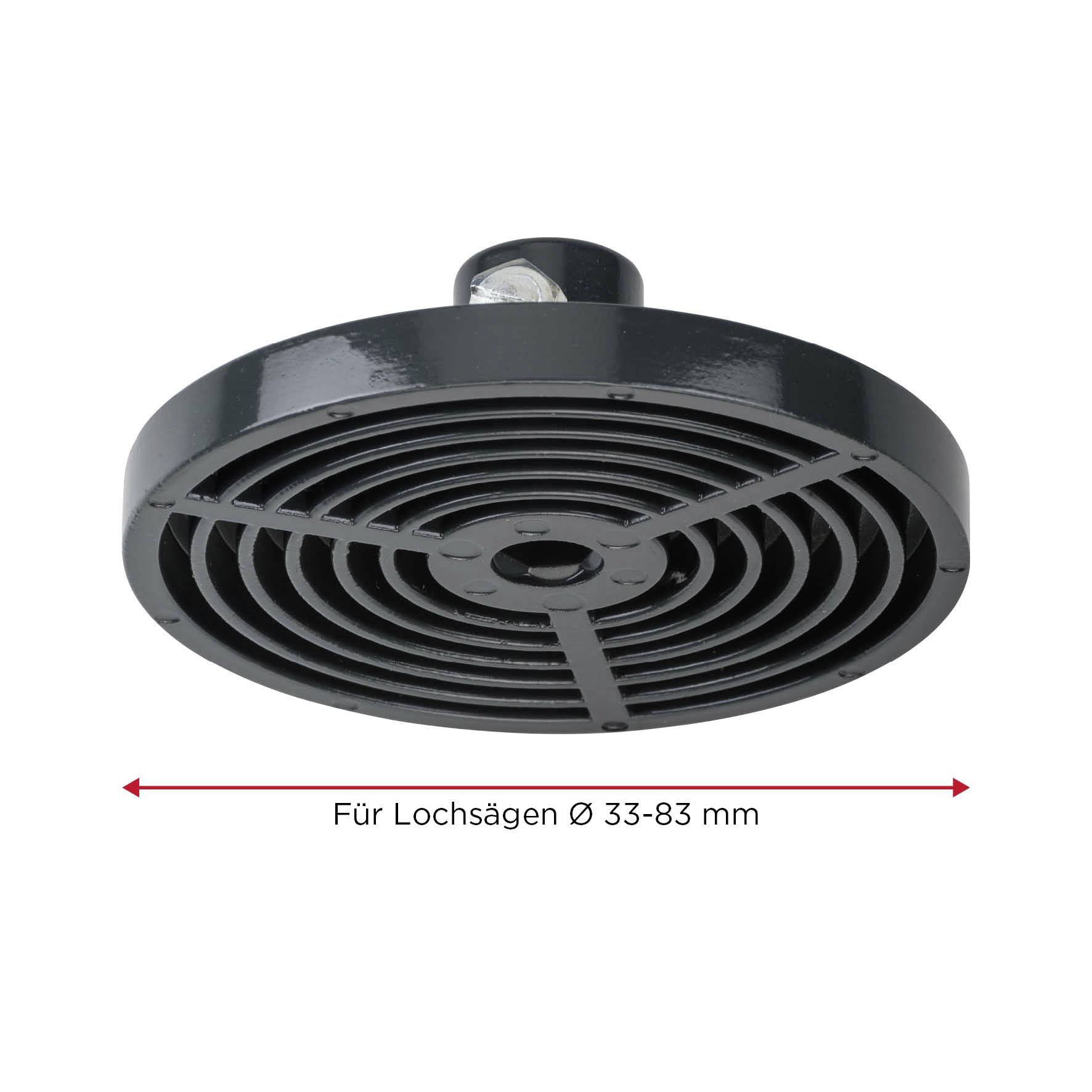 Zwarte afdekking met spiraalvormig rooster, geschikt voor gatenzagen met een diameter van 33-83 mm.