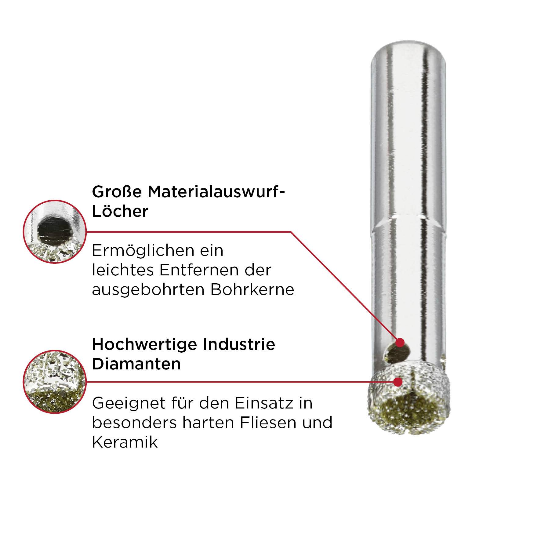 Boorkop met rode stip, teksten: 'Grote materiaaluitworp-gaten', 'Hoogwaardige industriediamanten'. Geschikt voor tegels.