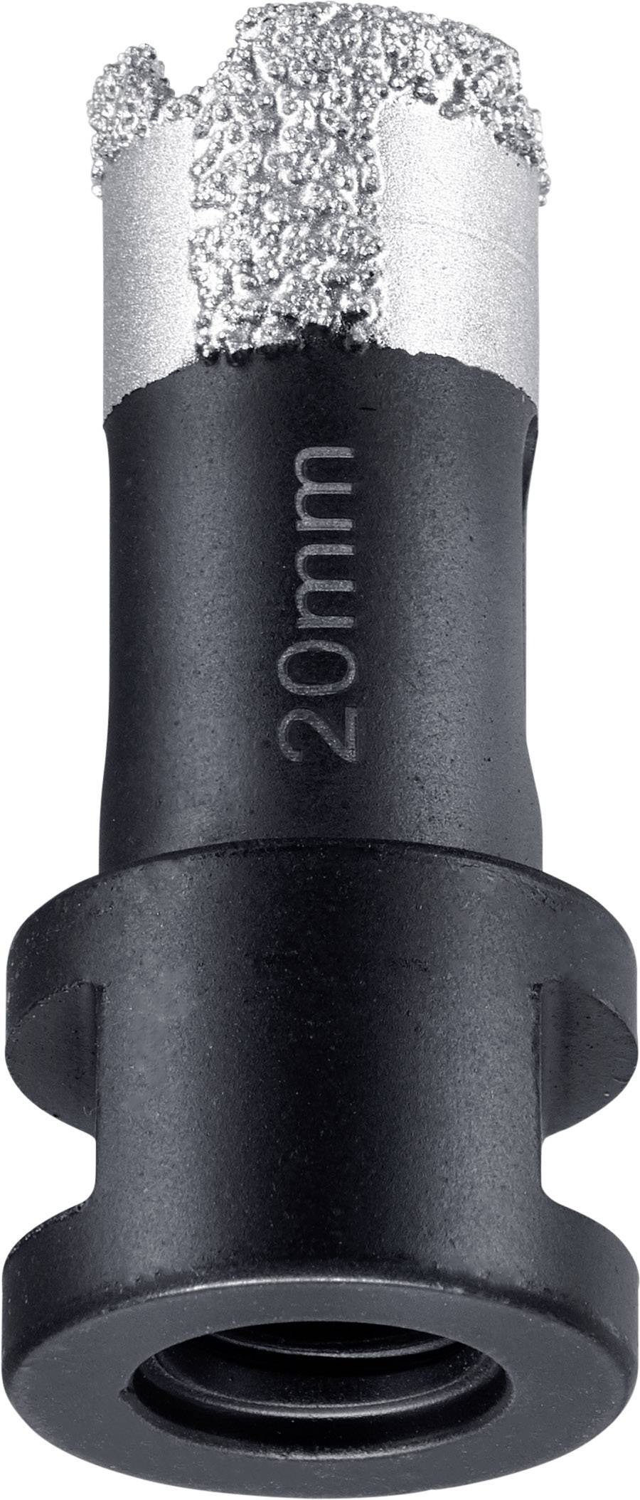 Boor met diamantbekleding, opschrift '20 mm', zwarte schacht, cilindrische vorm, gebruikt voor nauwkeurig boren in harde materialen.