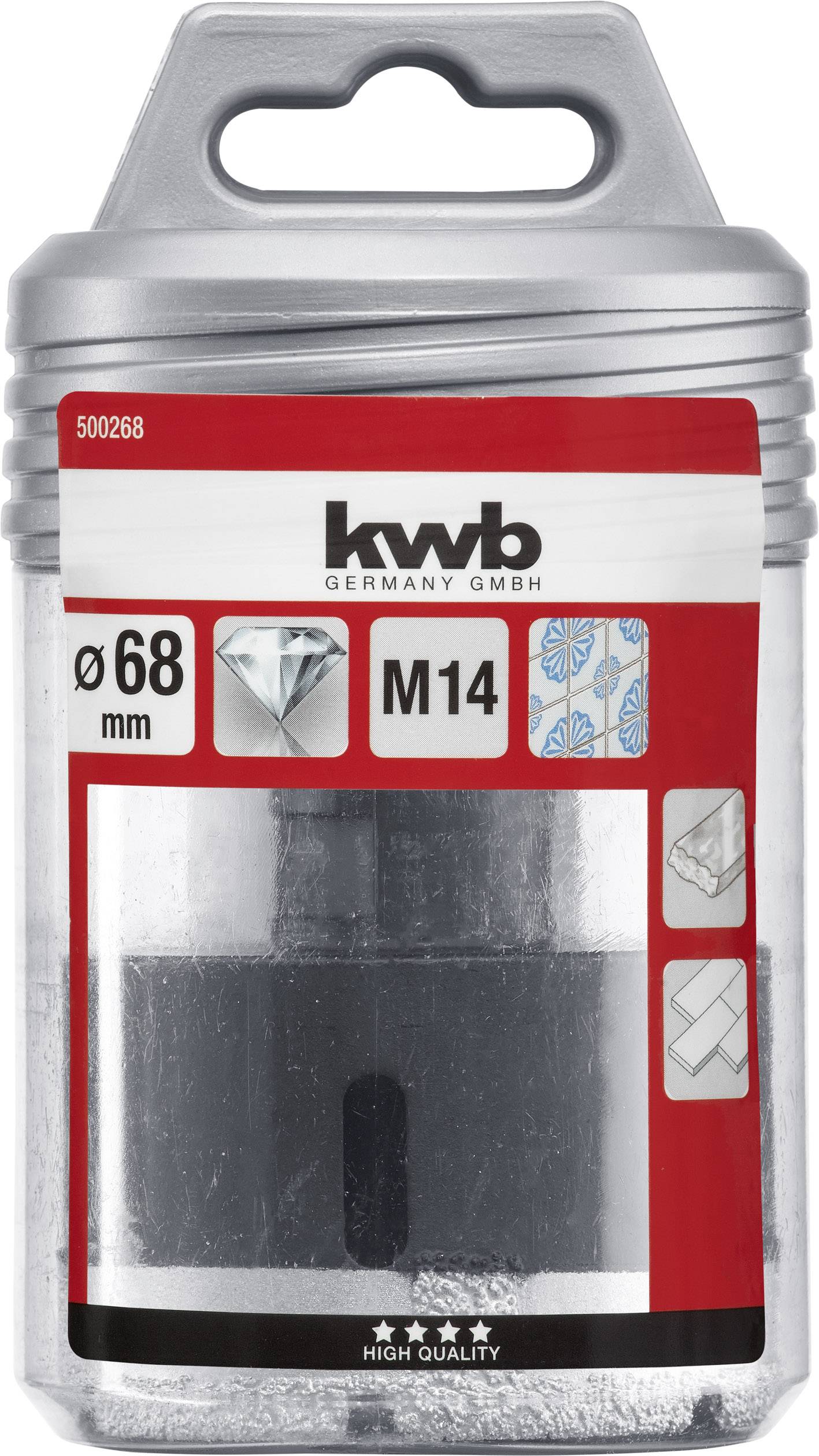 'Verpakking van een diamantboorbekroning van het merk kwb, Ø 68 mm, schroefdraad M14, met afbeeldingen van de aanbevolen materialen.'