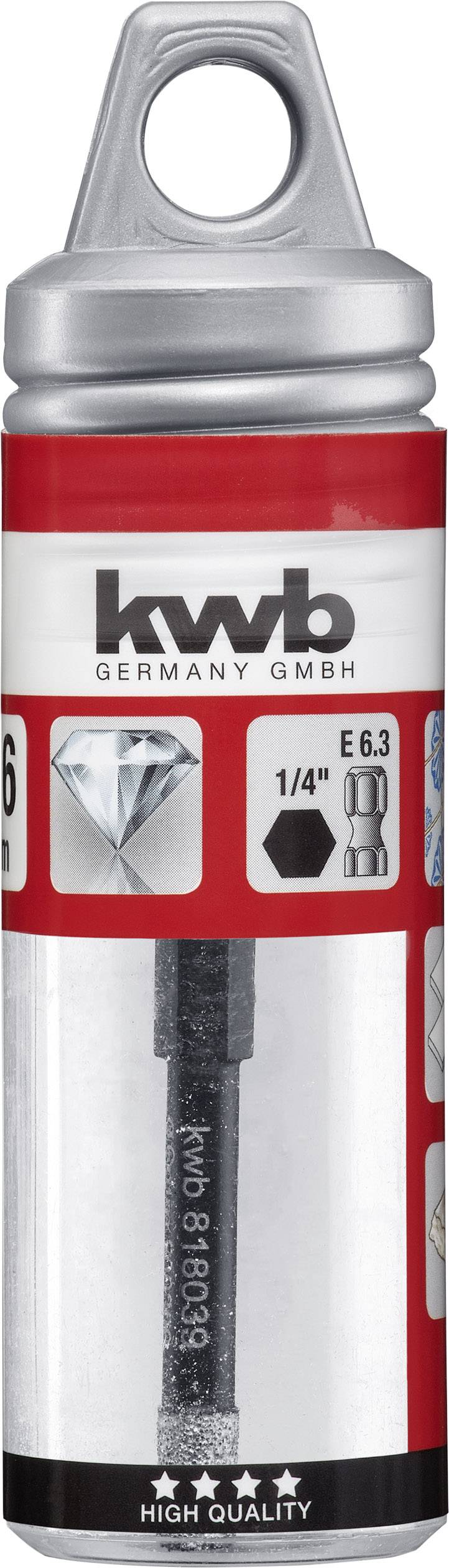 Een verpakking met een zeskantbit van 'kwb Germany GmbH', 1/4 inch, E6.3. Op de verpakking staat 'High Quality'.
