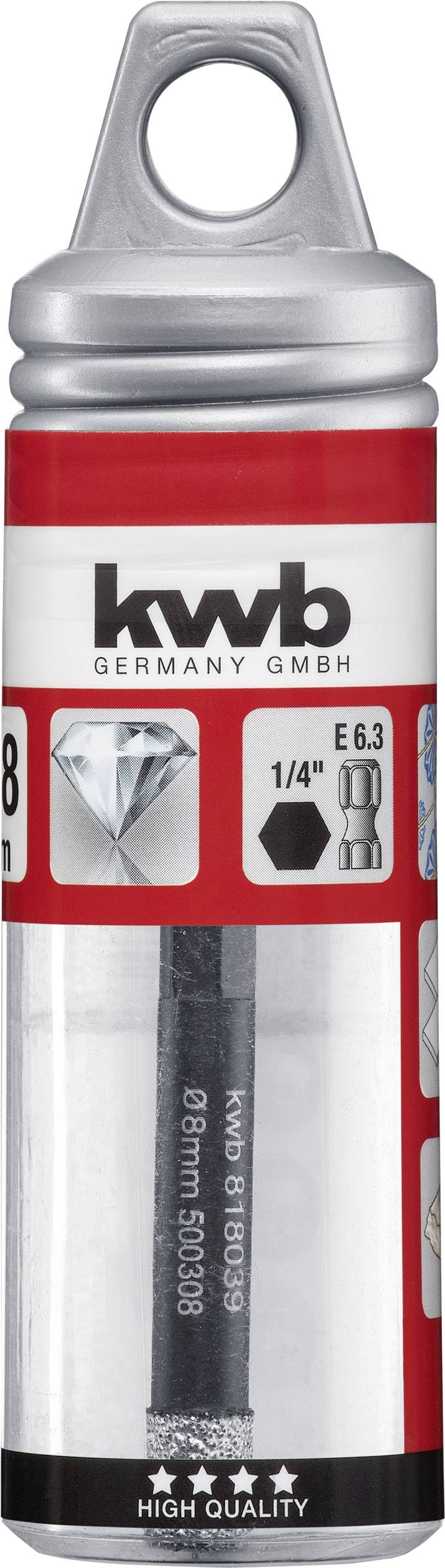 Boor in ronde verpakking van 'kwb Germany', met kwaliteitscertificaat op het etiket. 1/4 inch zeskant, diameter 6,3 mm.