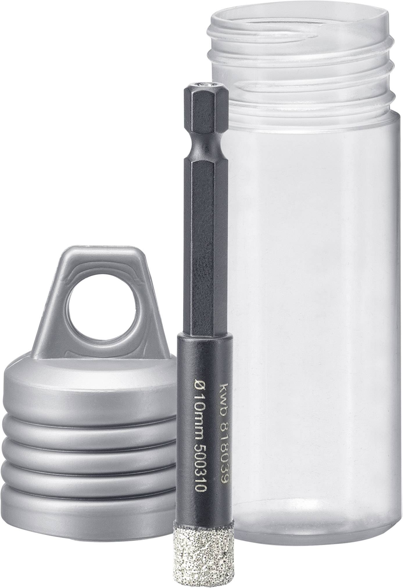 Metalen boor met 10 mm diamanten kroonpunt, naast een transparante kunststof cilinder met een grijze deksel.