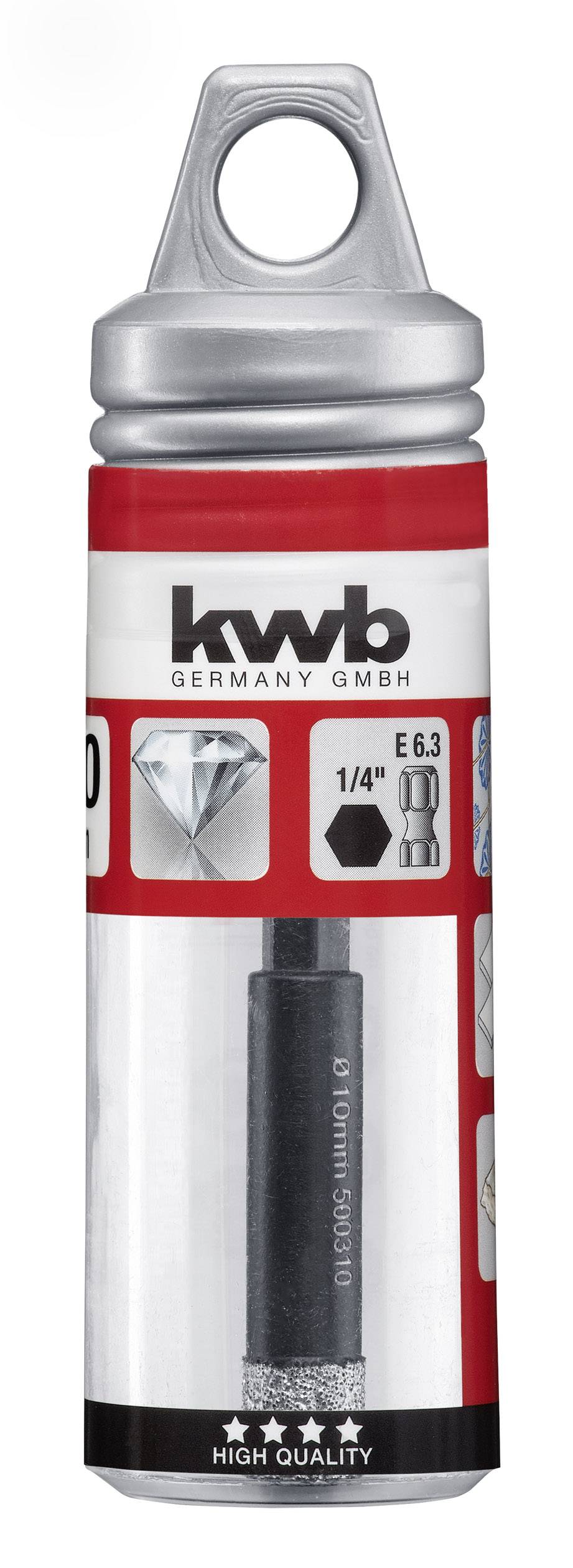 Boorgereedschap verpakking van KWB Germany. Toont een diamantboor 1/4" E6.3, geschikt voor tegels. Verpakking benadrukt hoge kwaliteit.