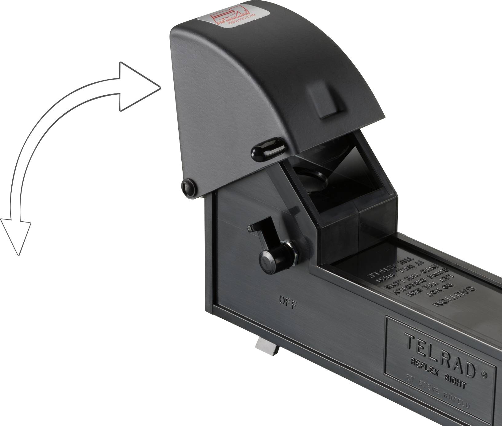 Aanzicht van een TELRAD reflectiezoeker. Een pijl wijst naar de beweegbare afdekking die omhoog kan worden geopend.