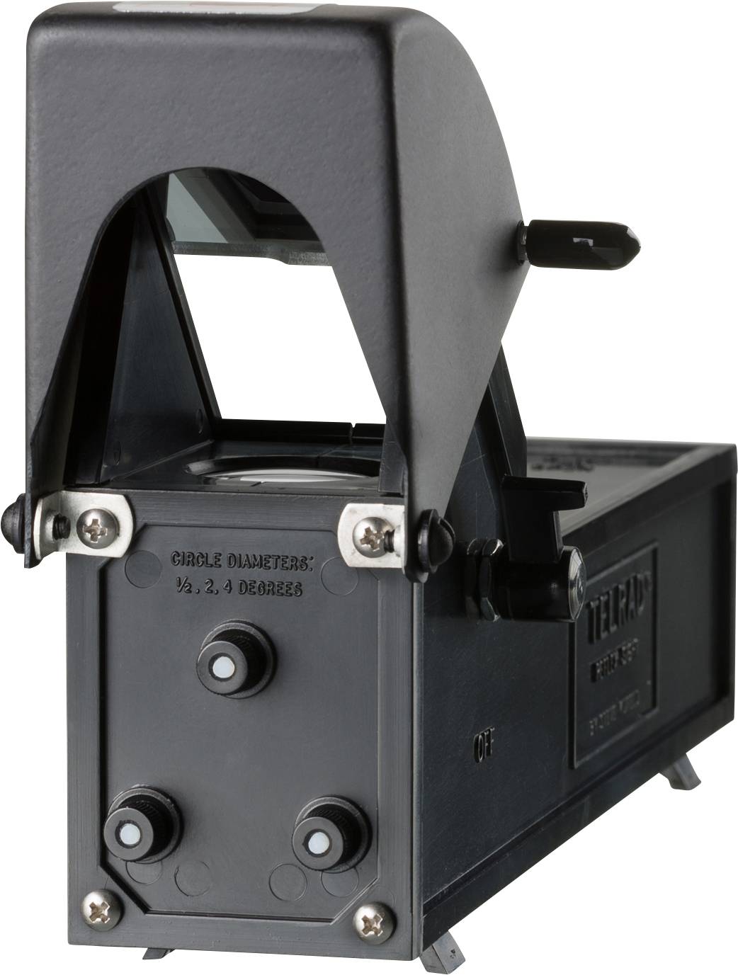 Een zwart apparaat voor het perforeren van papierrijen met cirkelvormige patronen. Het heeft drie knoppen en een hendel aan de zijkant.