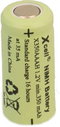 Groene NiMH-batterij van een merk, gemarkeerd met 'X350-AAA', 1,2V, 350mAh, waarbij ook andere details zoals laadtijd en herkomst zijn vermeld.