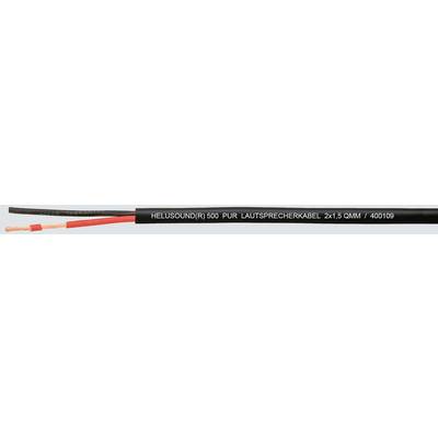 Zwarte kabel met witte tekst 'HELISOUND 100 P/M LUIDSPREKERKABEL 2x1,5MM / 40010', toont compatibele luidsprekerkabel-specificaties.