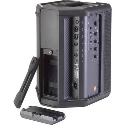 Draagbare luidspreker met verwisselbare batterij. Toont aansluitingen en bedieningselementen voor microfoon en volume aan de achterkant.