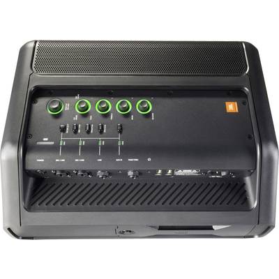 Een zwarte luidspreker met meerdere groene knoppen en schakelaars aan de voorkant, geschikt voor professionele audio-toepassingen.