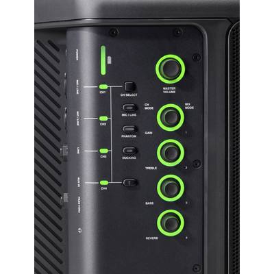 'Zwart audioapparaat met groene LED-verlichtingsringen rond draaiknoppen, gelabeld met CH1-CH4, Master Volume, Treble, Bass, Reverb.'