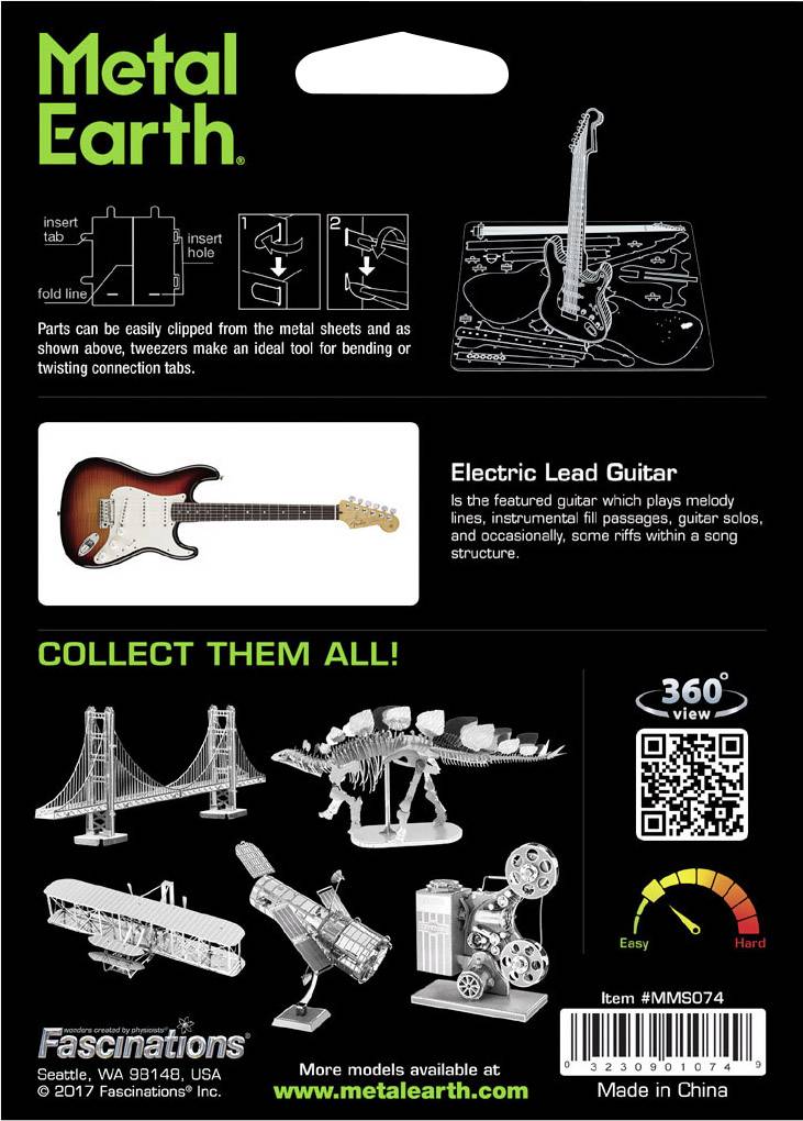 'Metal Earth', handleiding voor het bouwen van een elektrische gitaar-modelfiguur van metalen onderdelen. Inclusief afbeelding van een rode elektrische gitaar.