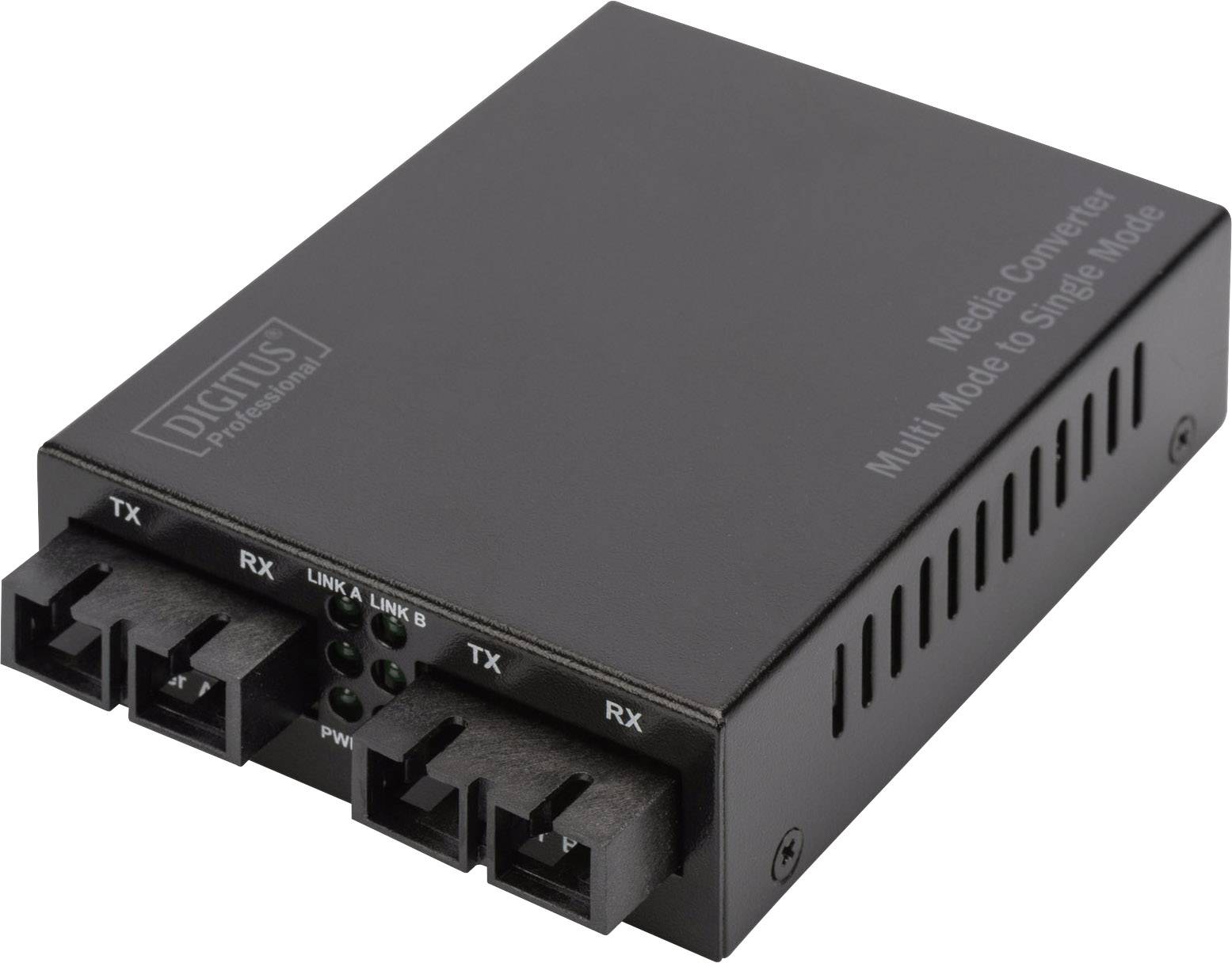 Zwarte mediaconverter met opschrift 'Media Converter Multi Mode to Single Mode' en aansluitingen voor TX, RX.