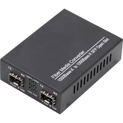 Een zwarte glasvezel-mediaconverter met twee SFP-poorten, voorzien van de aanduiding 'Fiber Media Converter 1000base-X to 1000base-X SFP Open Slot'.