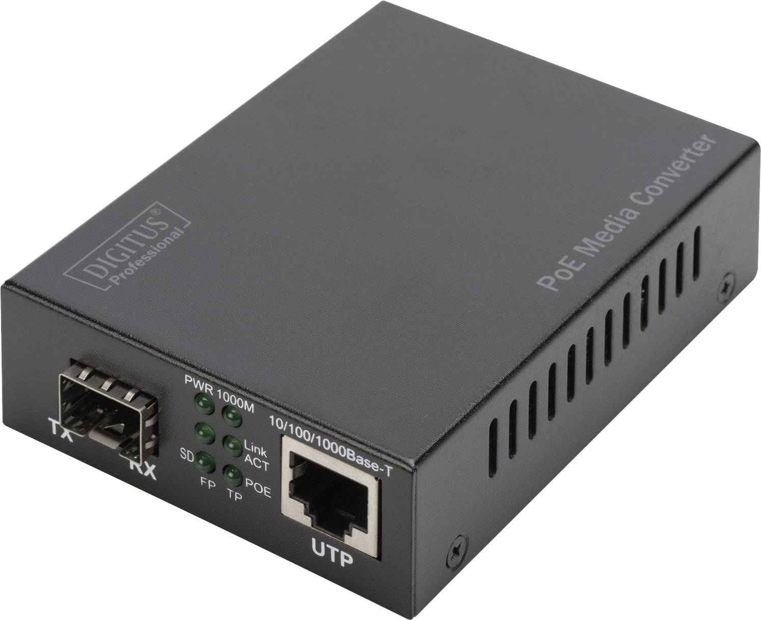 PoE Media Converter met aansluitingen voor glasvezel en Ethernet, met LED-indicatoren voor status en verbinding. Merk: Digitus.