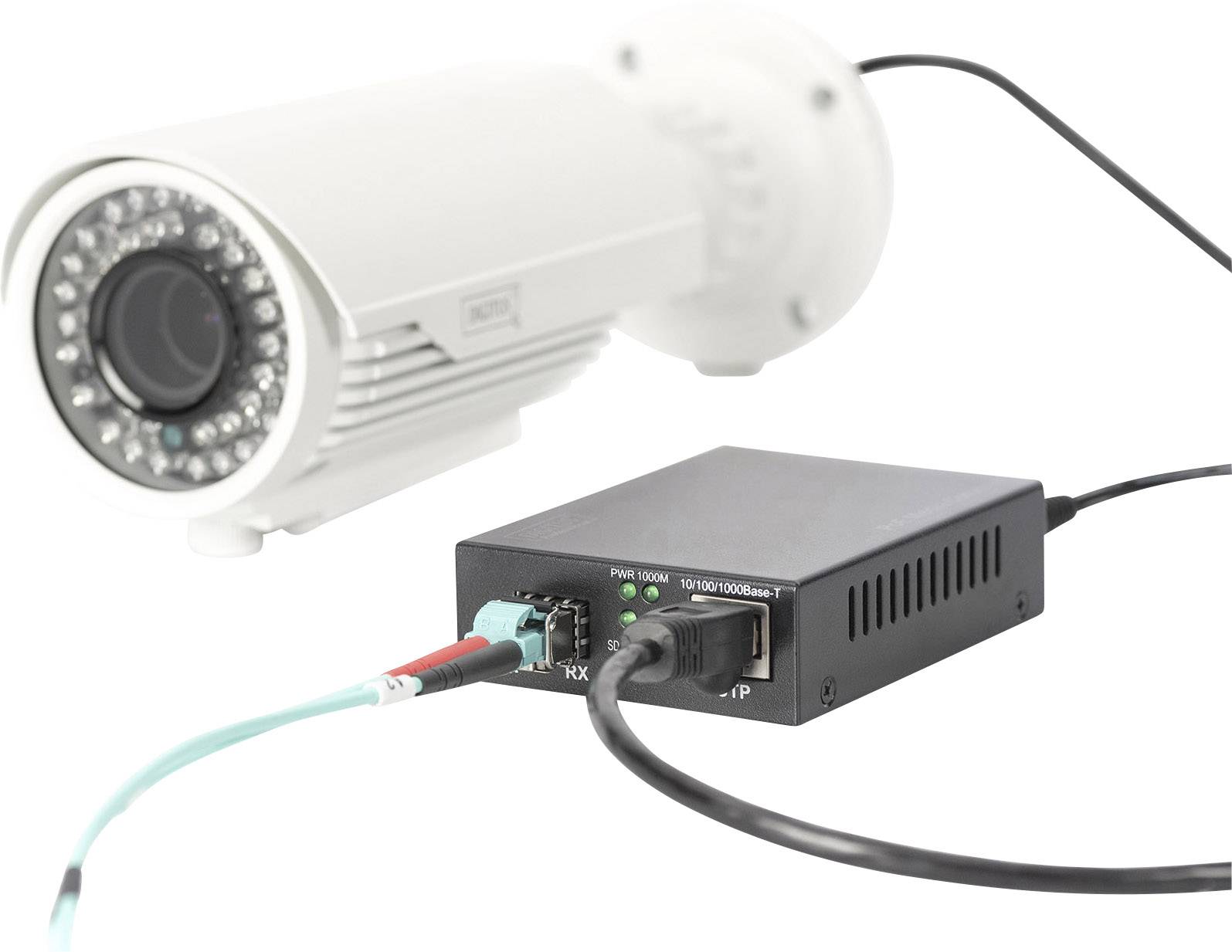 Bewakingscamera met bekabelde verbindingen naar een zwart netwerkapparaat. De camera is wit en cilindrisch.