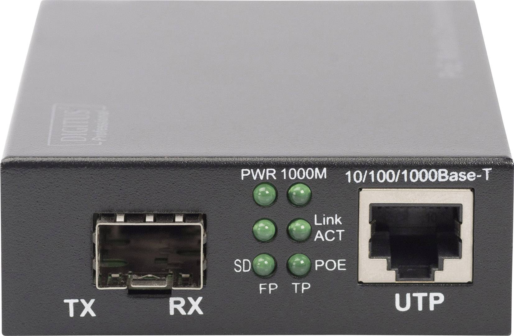 Een Ethernet-mediaconverter met aansluitingen voor glasvezel en kopergebonden netwerken. Beschikt over LED-indicatoren voor operationele status.