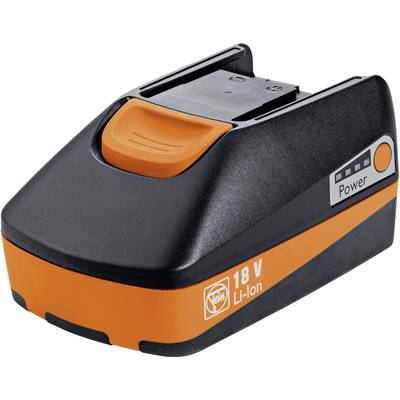 Zwarte en oranje 18V Li-Ion-accu met vermogensindicator; productmarkering en laadstatus zichtbaar.