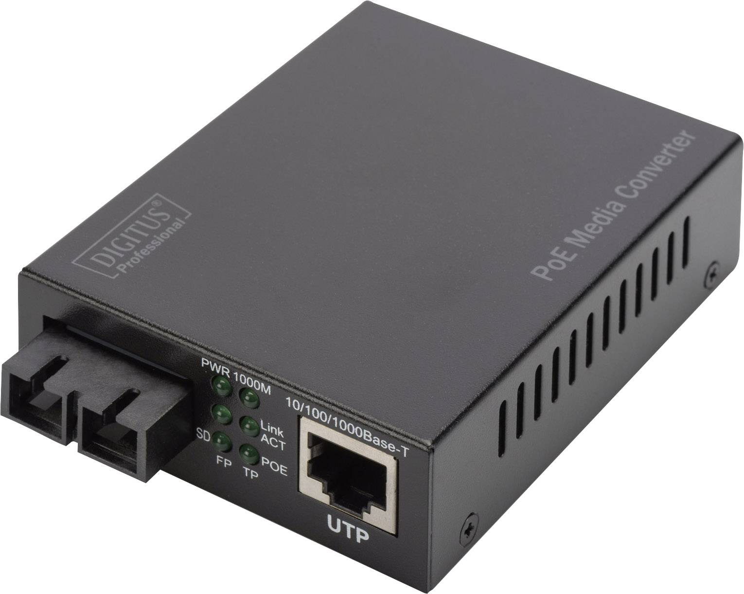'PoE-mediaconverter in zwarte behuizing met Ethernet- en glasvezelaansluitingen, geschikt voor netwerktoepassingen.'
