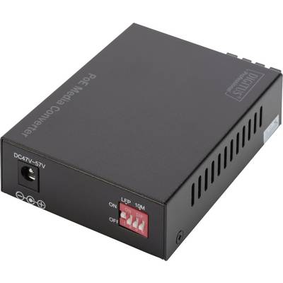 Zwarte PoE-mediaconverter met netaansluiting, DIP-schakelaars voor instelling en ventilatiesleuven aan de zijkant.