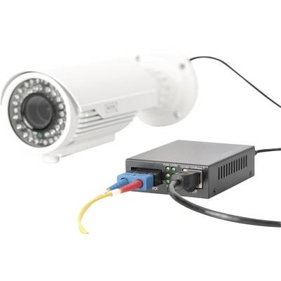 Bewakingscamera met aangesloten glasvezelmodule, toont de technische verbinding voor videotransmissie.