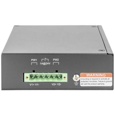 Zwart elektronisch apparaat met groene aansluitblok voor V1+, V1-, V2+, V2-. Waarschuwingssticker wijst op aardingsvereiste.