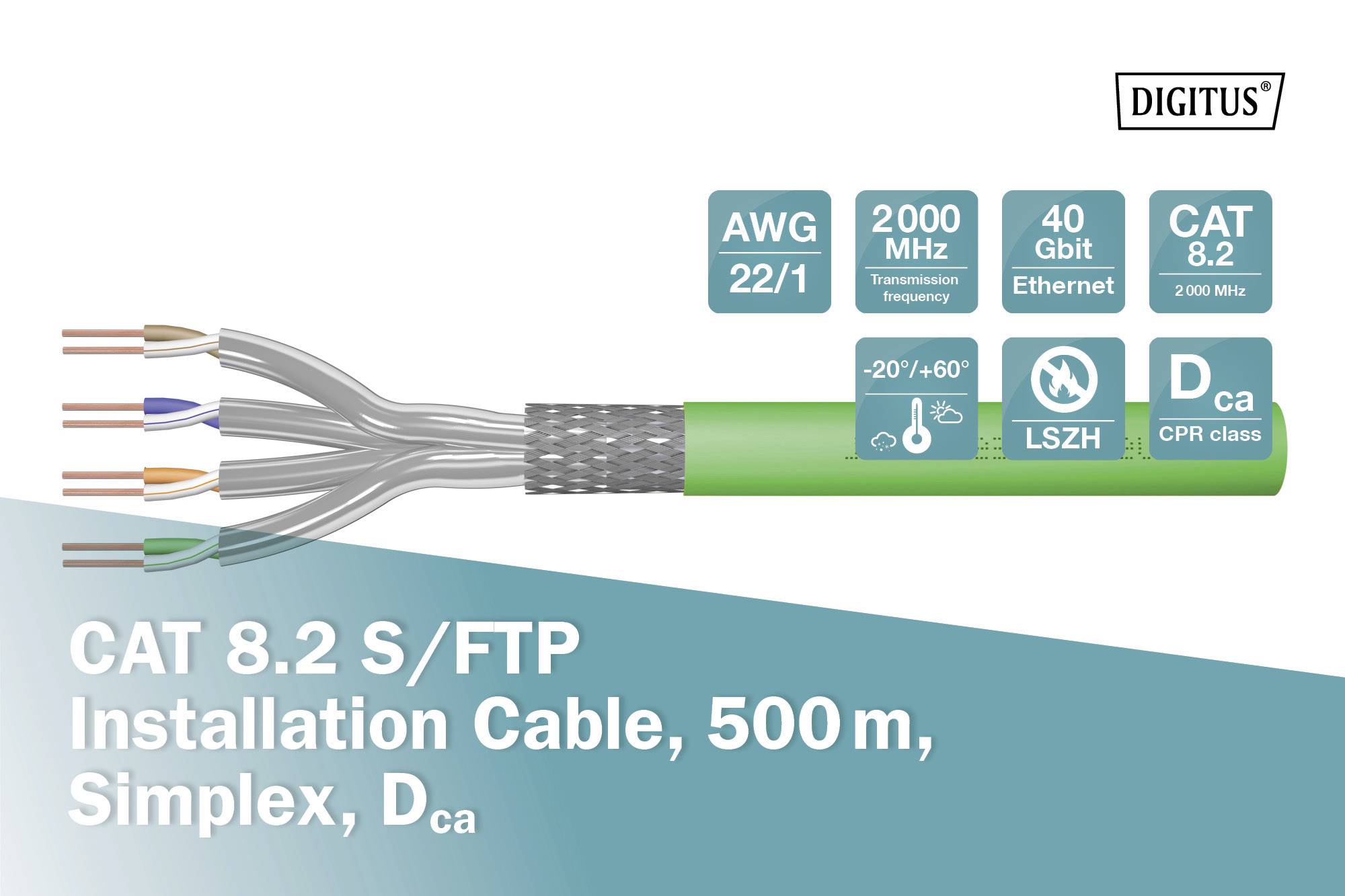 Kabel met CAT 8.2 S/FTP, lengte 500 m, geschikt voor 40 Gbit Ethernet. Specificaties: AWG 22/1, 2000 MHz, LSZH, temperatuurbereik -20° tot +60°C.