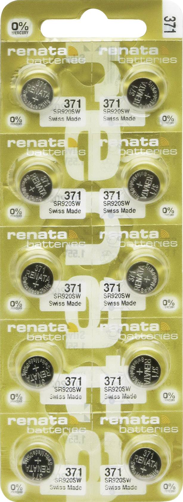 Een blisterkaart met 10 knoopcelbatrijen van het merk Renata. Elke batterij is gemerkt als type '371'. Gemaakt in Zwitserland.