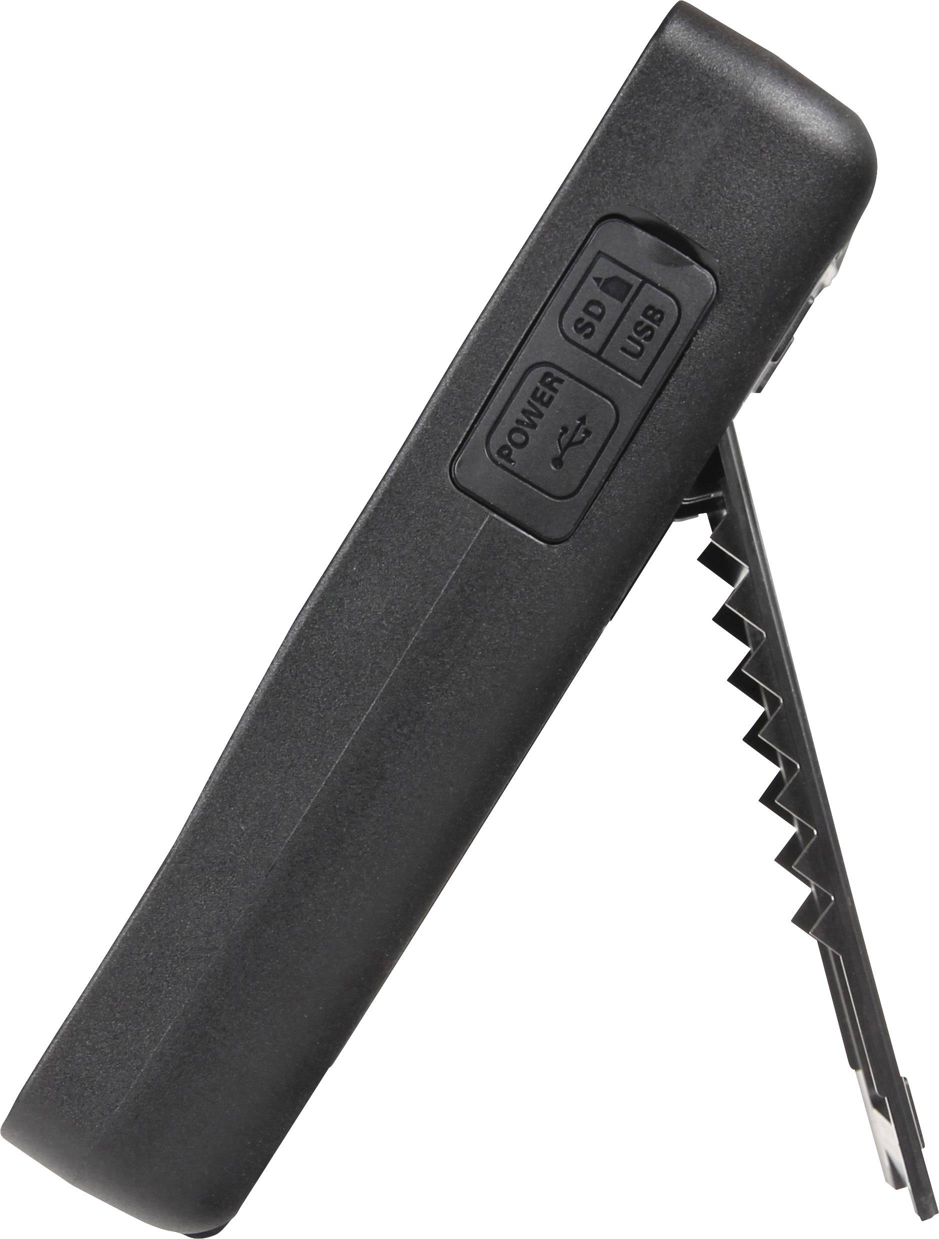 Een zwart, draagbaar apparaat met een schuin standaard. Aan de zijkant zijn labels voor 'Power', 'DC' en 'USB' zichtbaar.