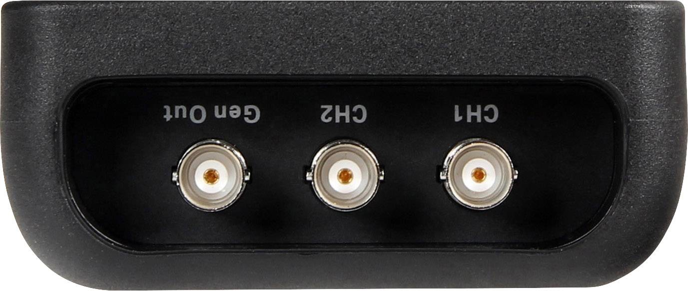 Zwart apparaat met drie antenne-aansluitingen, gemarkeerd met 'Gen Out', 'CH2' en 'CH1', waarschijnlijk bedoeld voor een elektronisch meetinstrument.