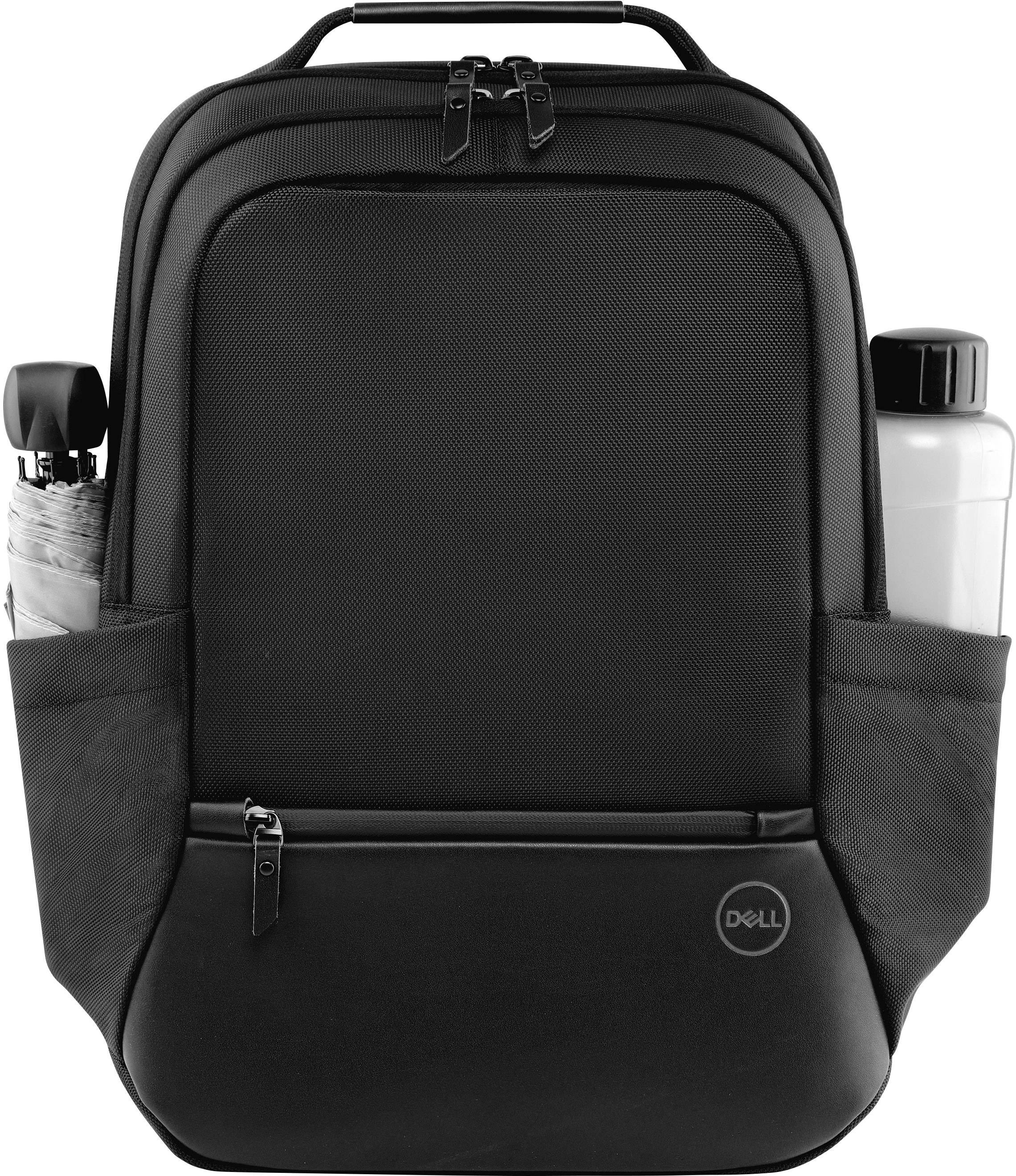 Zwarte rugzak met praktisch ontwerp, geschikt voor laptoptransport. Twee zijvakken voor een fles en een kleiner voorwerp.