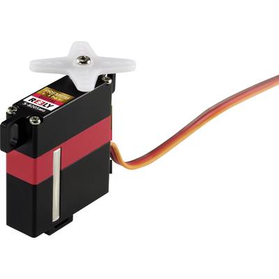 Een kleine, zwarte servomotor met een rood lint en een uitstekend wit tandwiel, verbonden met een oranje kabel.