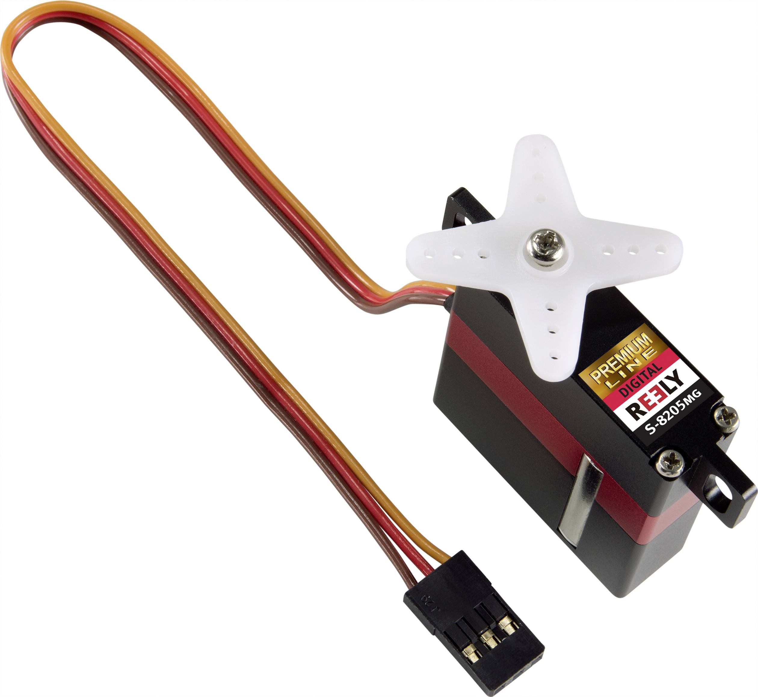 Een zwart, rechthoekig modelvliegtuigservo met witte en rode markeringen. Een meeraderige kabel met stekker is aangesloten.