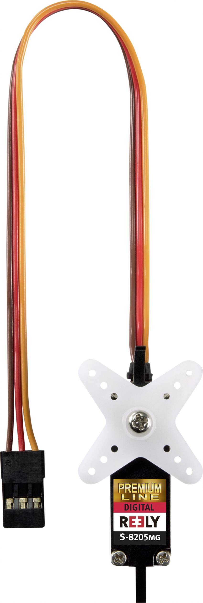 Servo-motor met kabel en stekker, geschikt voor RC-modellen, met een kruismontageonderdeel zichtbaar aan de voorkant.