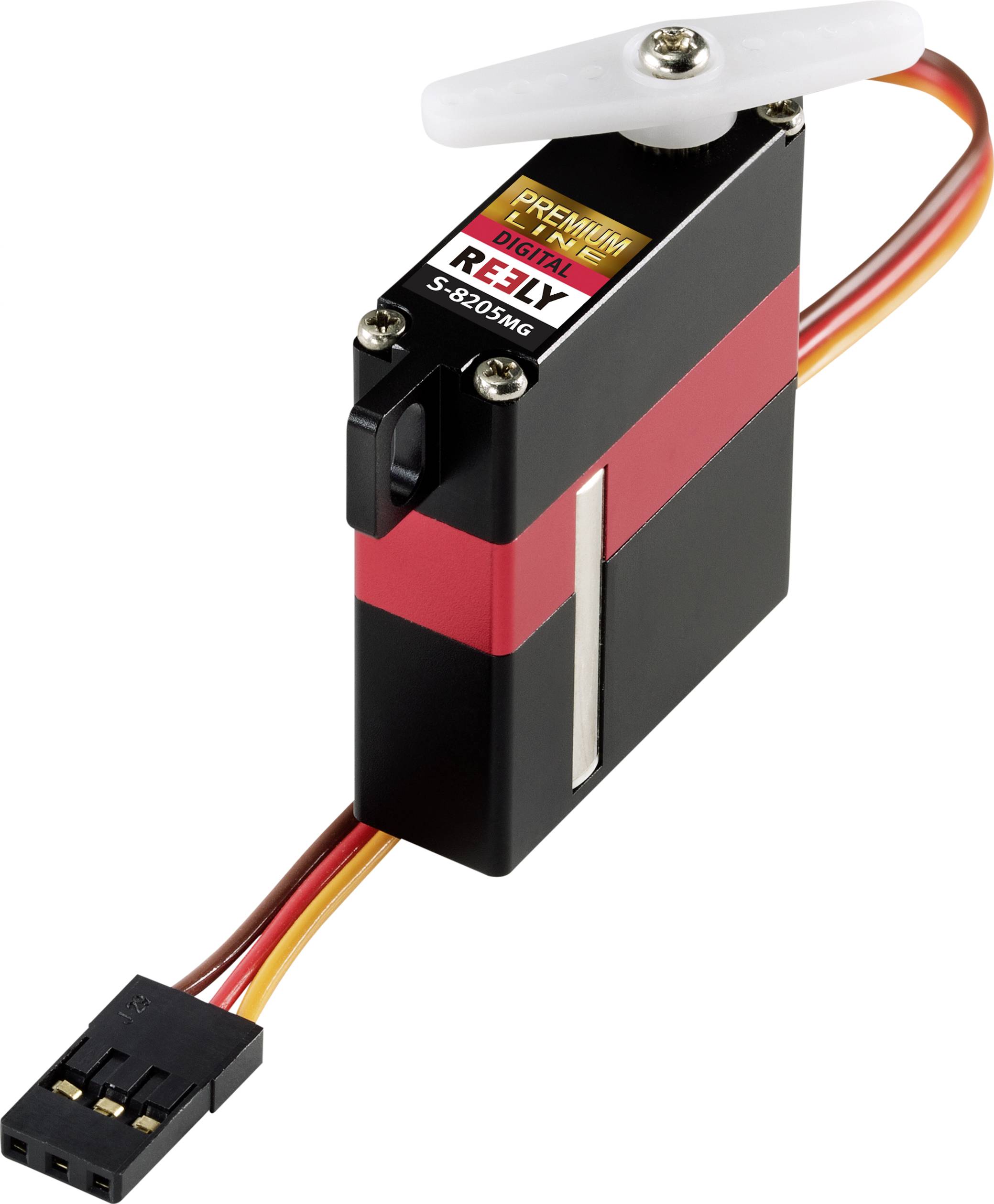 Zwart en rood digitaal servoaandrijving met kabel en stekker. Het etiket vermeldt 'Premium Digital S-5203MG'.
