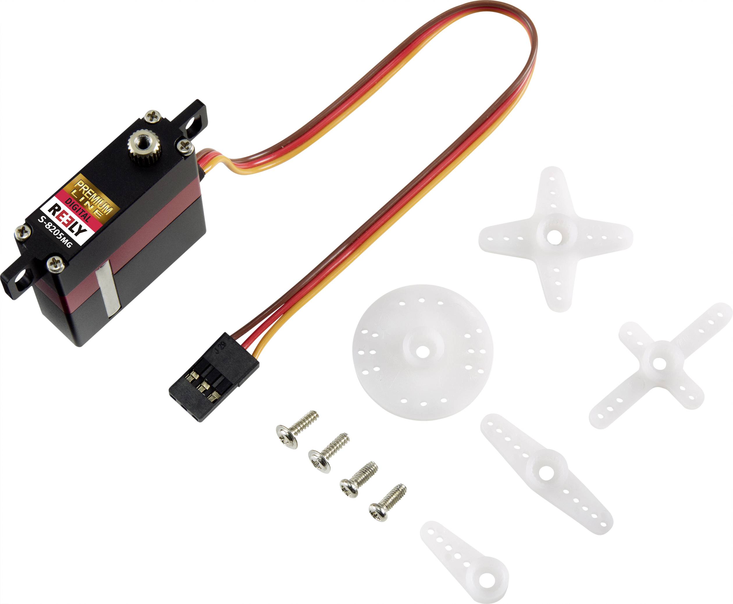 Servomotor met kabel en aansluitstekker. Bijgevoegd zijn schroeven en diverse kunststof armen voor verschillende toepassingen.